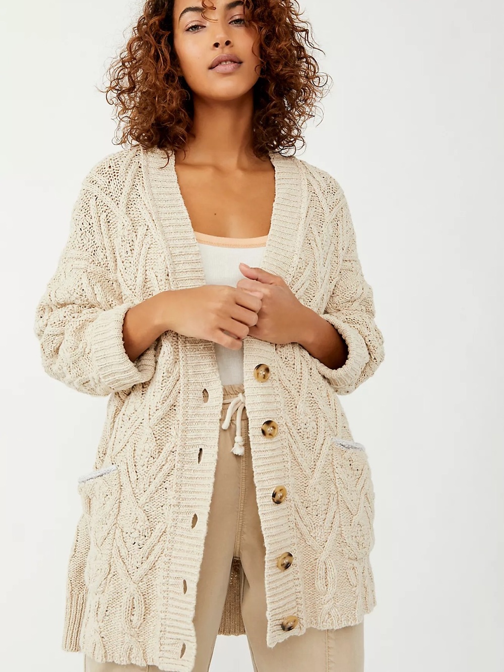 Free People Montana Cable Knit Longline Cardigan Cream